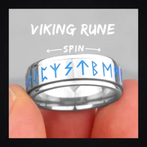 Bague homme acier - rune viking luminescente - anneau tournant runes bleues (Argenté)