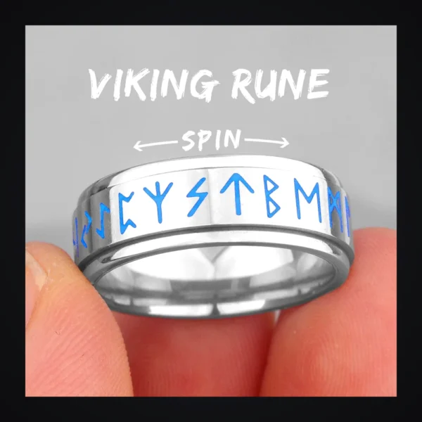 Bague homme acier - rune viking luminescente - anneau tournant runes bleues (Argenté)
