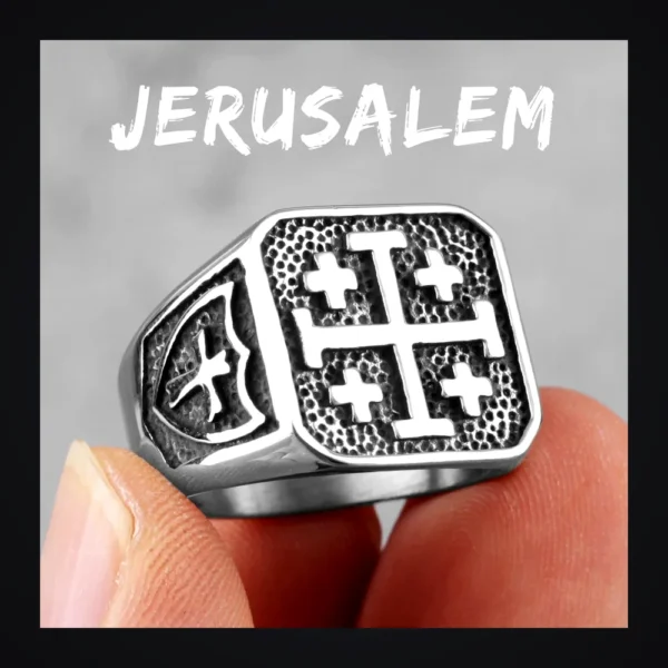 Bague homme acier - Croix de Jerusalem