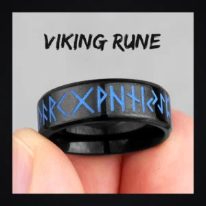 Bague homme acier - rune viking luminescente - runes bleues (Noir)