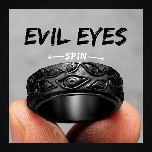 Bague homme acier - démon multi-yeux - anneau tournant yeux groupés (Noir)