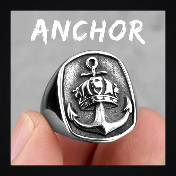 Bague homme acier - ancre marine - ancre couronnée