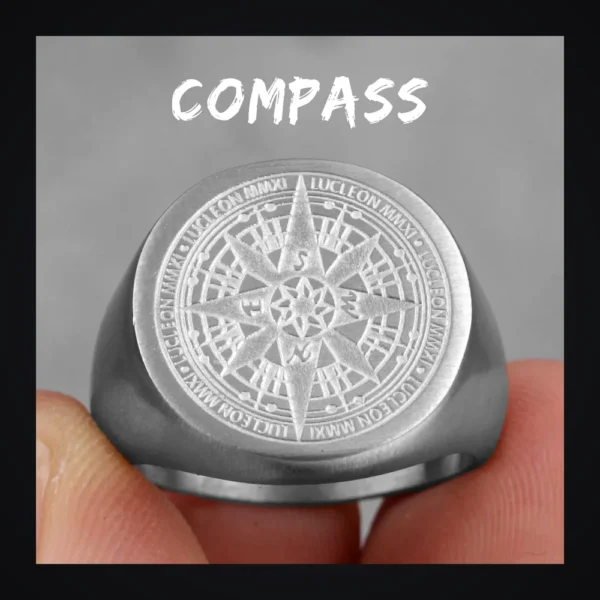 Bague homme acier - boussole voyageur - Argent