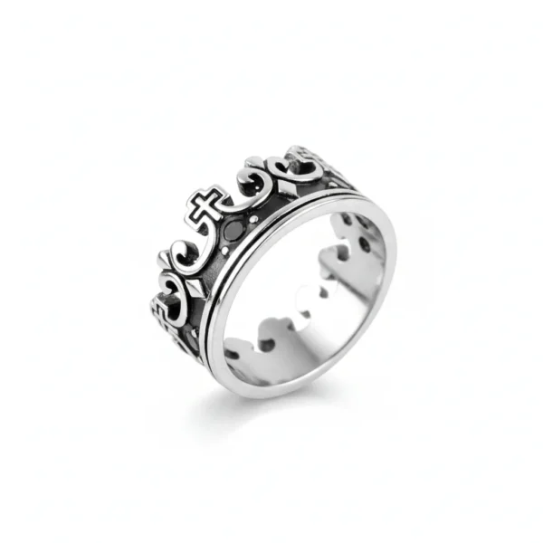 Bague homme acier - couronne royale à strass - Argent Noir