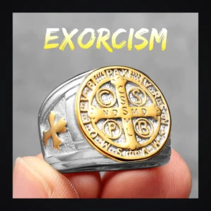 Bague homme acier - Croix Saint-Benoit - Blanc