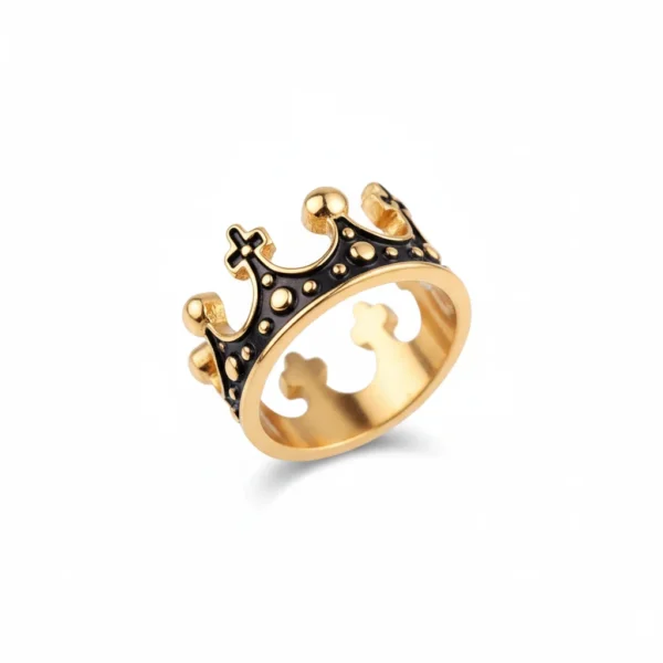 Bague homme acier - couronne royale à strass - doré