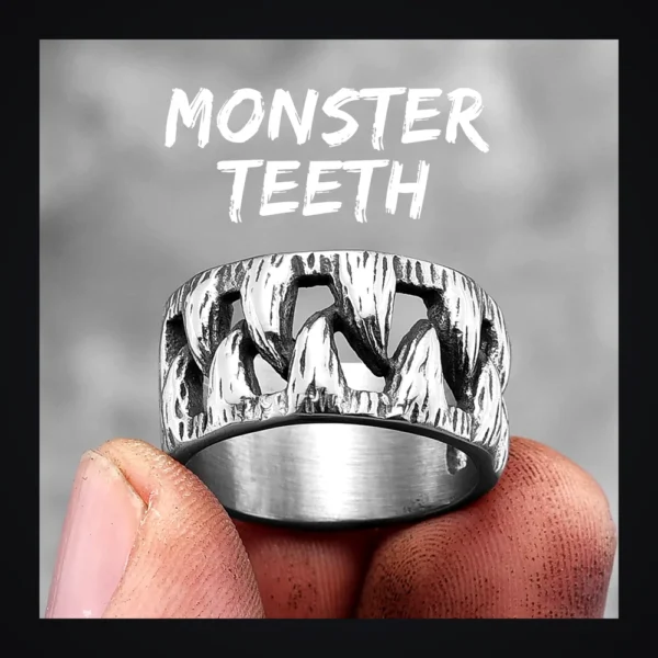 Bague homme acier - crocs de démon - rangée de crocs