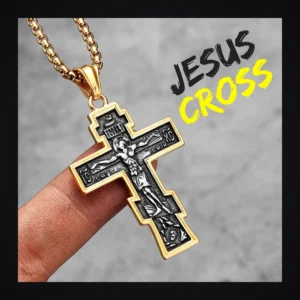 Collier homme acier - Croix INRI - crucifix doré et noir