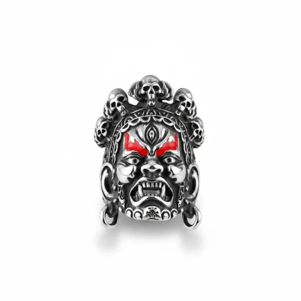 Bague homme acier - tête de crâne biker - démon Raksha
