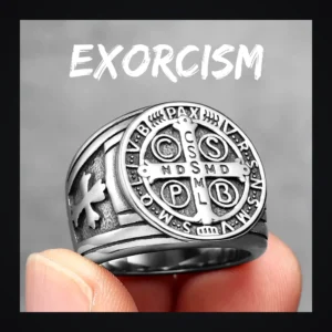 Bague homme acier - Croix Saint-Benoit - Argent