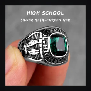 Bague homme acier - aigle biker à strass - pierre verte (argenté)
