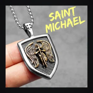 S3559ebbfe3484dab8d6db73bc65fe7bfx-1 Collier homme acier - Saint-Michel - écusson doré