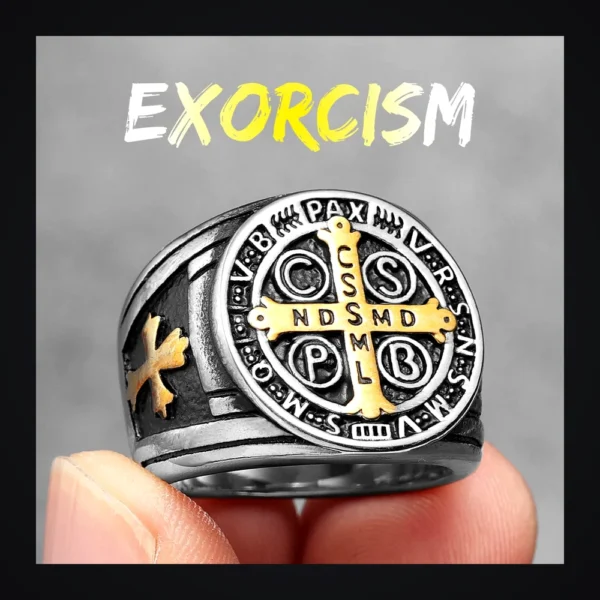 S37b10c9e883f47f68789b964d7f506c7C-1 Bague homme acier - Croix Saint-Benoit - argenté II
