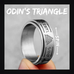 Bague homme acier - runes vikings - anneau tournant valknut (Argenté)