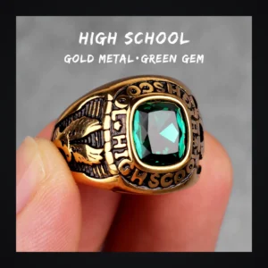 Bague homme acier - aigle biker à strass - pierre verte (doré)
