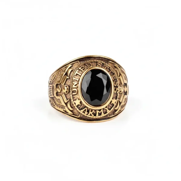 Bague homme acier - style militaire - pierre noire (doré)