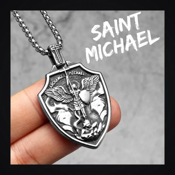 Collier homme acier - Saint-Michel - écusson argenté
