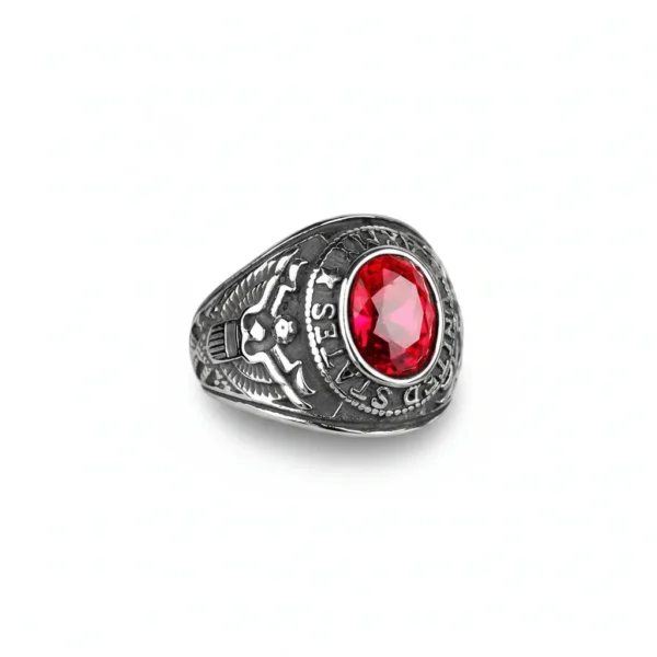 Bague homme acier - style militaire - pierre rouge (argenté)