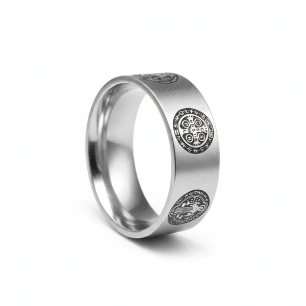 Bague homme acier - Croix Saint-Benoit sobre - anneau argenté