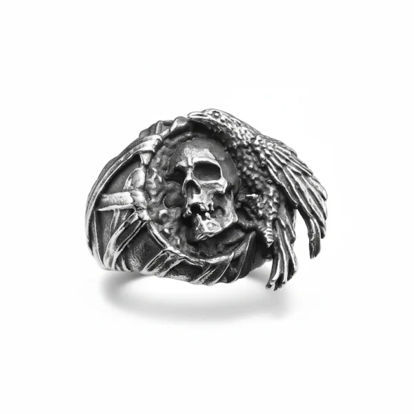 Bague homme acier - tête de crâne biker - crâne sorcier