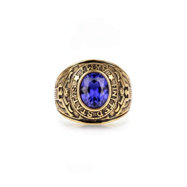 Bague homme acier - style militaire - pierre bleue (doré)