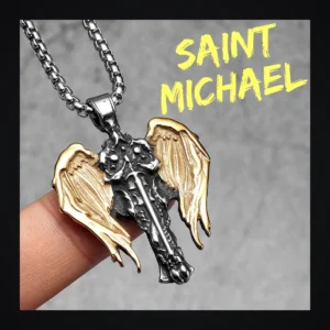 Collier homme acier - Saint-Michel - archange ailes dorées