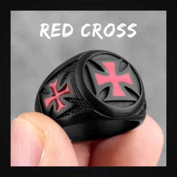 Bague homme acier - Croix noire et rouge