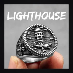 Bague homme acier - ancre marine - phare