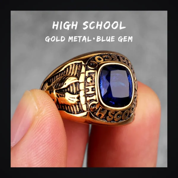 Bague homme acier - aigle biker à strass - pierre bleue (doré)