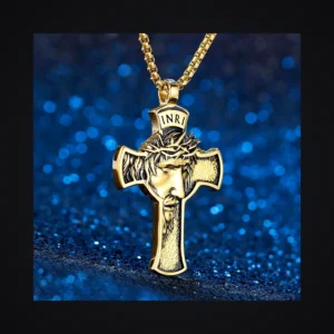 Collier homme acier - Croix INRI massive - doré
