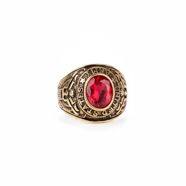 Bague homme acier - style militaire - pierre rouge (doré)