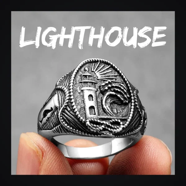 Bague homme acier - ancre marine - phare et vagues