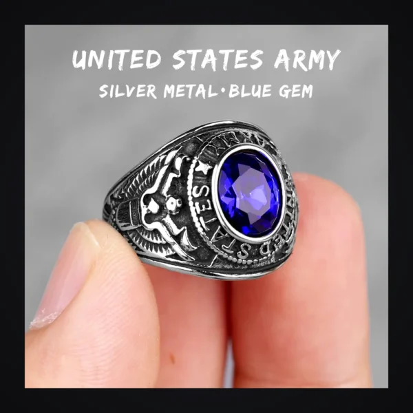 Bague homme acier - style militaire - pierre bleue (argenté)