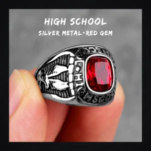 Bague homme en acier 316L aigle ailes deployees serti de strass - Argent-Rouge