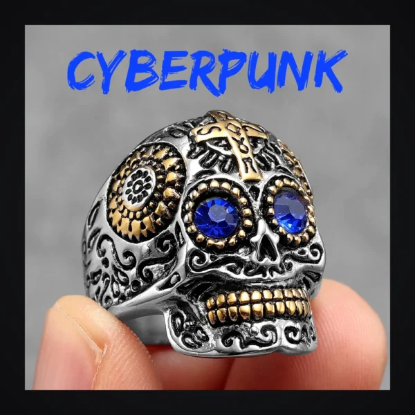 Bague homme acier - Crane et croix - Bleu