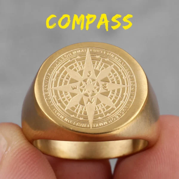 Bague homme acier - boussole voyageur - doré