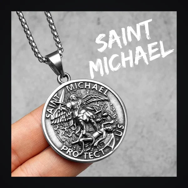 Collier homme acier - Saint-Michel - médaillon argenté