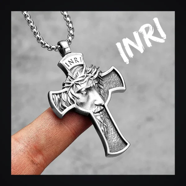 Collier homme acier - Croix INRI massive - argenté