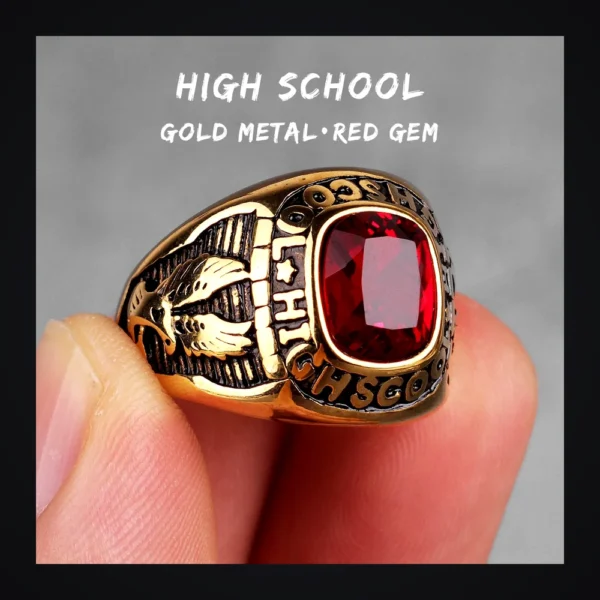 Bague homme acier - aigle biker à strass - pierre rouge (doré)
