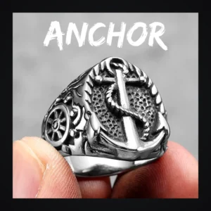 Bague homme acier - ancre marine - ancre et engrenages
