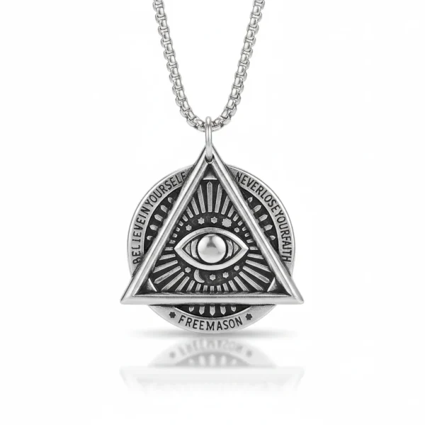 Collier homme acier - Etoile de Salomon - œil dans la pyramide (Argenté)